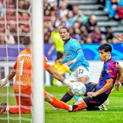 BARCELONA , 09-09-2026 , Spotify Camp Nou , season 2026 2027 , UEFA Champions League football , match between FC Barcelona, Barca and Feyenoord Rotterdam , picture shows Feyenoord player Anis Hadj Moussa shot on goal Barcelona - Feyenoord  x206780415x Copyright:
