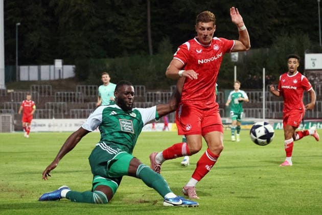 September 9, 2026, xrekx, Regional League Southwest soccer, FC Homburg 1 vs. FC Kaiserslautern II v l Aaron Manu FC 08 Homburg Oleg Skakun 1 FC Kaiserslautern II tackle, action, battle for the ball Homburg