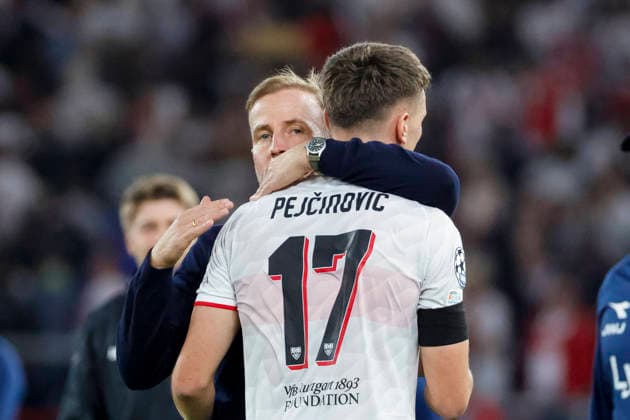 Sebastian Hoeneß, Hoeness VfB Stuttgart, coach, and Dzenan Pejcinovic, VfB Stuttgart, 17 minutes after the game, Germany, soccer, UEFA Champions League, Matchday 1, 2026–2027, VfB Stuttgart vs. Viking Stavanger, September 9, 2026, Stuttgart Arena, Stuttgart, Germany Copyright: xGrantxHubbsx