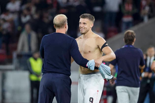 Sebastian Hoeneß, Hoeness VfB Stuttgart, coach, and Ermedin Demirovic, VfB Stuttgart, September 9, after the game, Germany, soccer, UEFA Champions League, Matchday 1, 2026–2027, VfB Stuttgart vs. Viking Stavanger, September 9, 2026, Stuttgart Arena, Stuttgart, Germany Copyright: xGrantxHubbsx