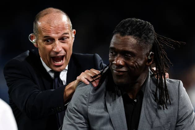 Massimiliano Allegri, head coach of SSC Napoli, jokes with Clarence Seedorf prior to the UEFA Champions League 2026 2027 football match between SSC Napoli and Arsenal FC at Diego Armando Maradona stadium in Naples, (Italy), September 9, 2026. cesarexpurini