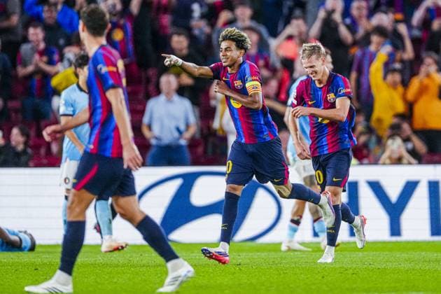 BARCELONA - Lamine Yamal of FC Barcelona, Barca celebrates his team s fourth goal during the UEFA Champions League match between FC Barcelona and Feyenoord at the Spotify Camp Nou on September 9, 2026, in Barcelona, Spain. GEERT VAN ERVEN ANP UEFA Champions League 2026 27 xVIxANPxSportx xMarcelxterxBalsxIVx 567777768 originalFilename: 567777768.jpg