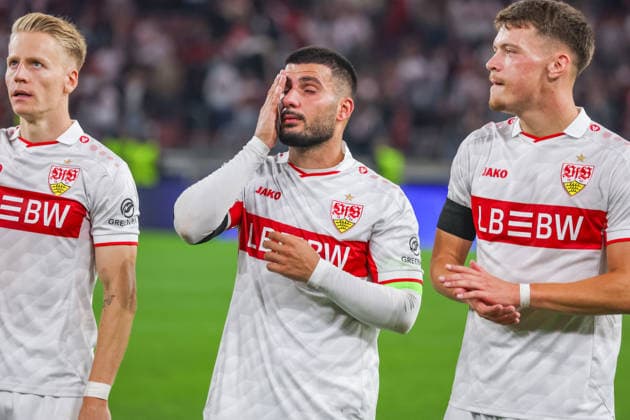 09 09 26 VfB Stuttgart vs. Viking Stavanger, Germany, Stuttgart, 09 09 2026, Soccer, UEFA Champions League, 2026–2027 season, VfB Stuttgart vs. Viking Stavanger: (from left) Chris Führich, Deniz Undav, Dzenan Pejcinovic—all of VfB Stuttgart