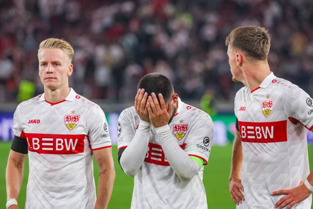 09 09 26 VfB Stuttgart vs. Viking Stavanger, Germany, Stuttgart, 09 09 2026, Soccer, UEFA Champions League, 2026–2027 season, VfB Stuttgart vs. Viking Stavanger: (from left) Chris Führich, Deniz Undav, Dzenan Pejcinovic—all of VfB Stuttgart