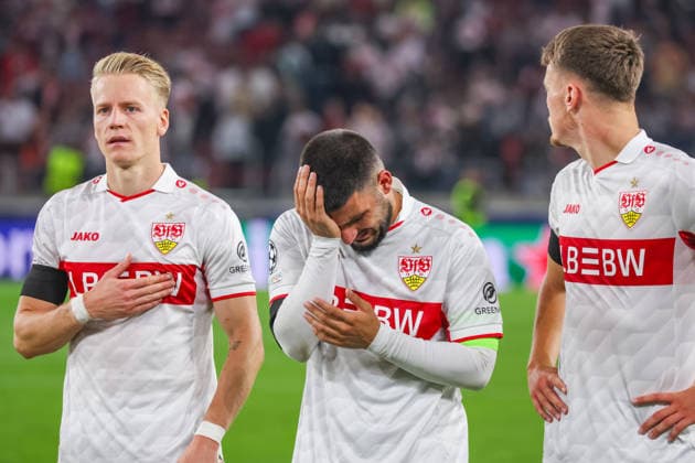 09 09 26 VfB Stuttgart vs. Viking Stavanger, Germany, Stuttgart, 09 09 2026, Soccer, UEFA Champions League, 2026–2027 season, VfB Stuttgart vs. Viking Stavanger: (from left) Chris Führich, Deniz Undav, Dzenan Pejcinovic—all of VfB Stuttgart