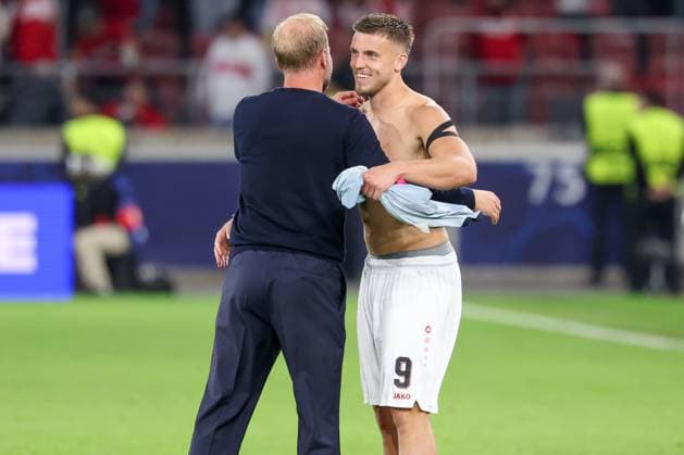 Head Coach Sebastian Hoeness of VfB Stuttgart and Ermedin Demirovic (No. 9) of VfB Stuttgart look satisfied after the game, in conversation, VfB Stuttgart vs. Viking Stavanger, soccer, men s, UEFA Champions League, 2026–2027 season, Matchday 1, September 9, 2026, Stuttgart, Baden-Württemberg, Germany Copyright: xkolbert-press MartinxAgüerax