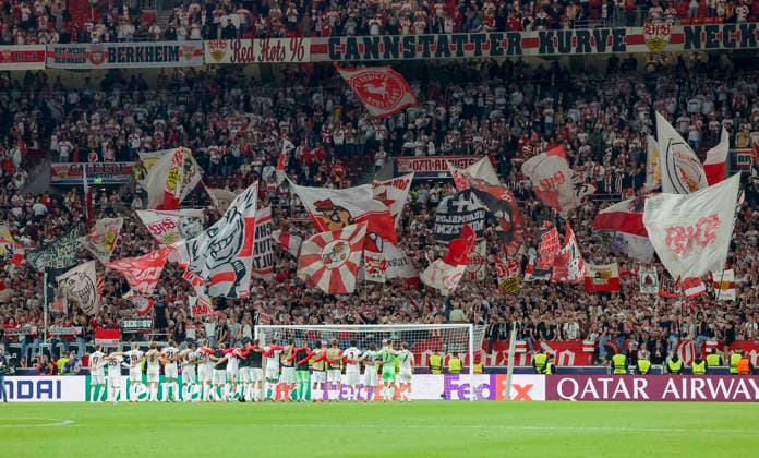 Pictured: Stuttgart fans celebrating the victory with their players, September 9, 2026, VfB Stuttgart vs. Viking FK, UEFA Champions League, Matchday 1, Germany, Stuttgart, MHP Arena, DFL REGULATIONS PROHIBIT ANY USE OF PHOTOGRAPHS AS IMAGE SEQUENCES AND OR QUASI-VIDEO Copyright: HMBxMedia xJulienxBecker