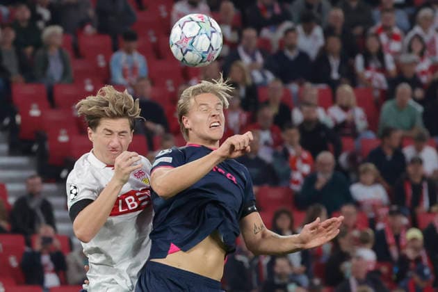 Pictured: A header duel between, from left, Angelo Stiller of VfB Stuttgart (No. 6) and Jesper Daland of Viking FK (No. 27), September 9, 2026, VfB Stuttgart vs. Viking FK, UEFA Champions League, Matchday 1, Germany, Stuttgart, MHP Arena, DFL REGULATIONS PROHIBIT ANY USE OF PHOTOGRAPHS AS IMAGE SEQUENCES AND OR QUASI-VIDEO Copyright: HMBxMedia xJulienxBecker
