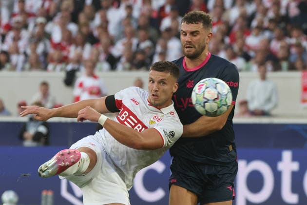09 09 26 VfB Stuttgart vs. Viking Stavanger, Germany, Stuttgart, September 9, 2026, Soccer, UEFA Champions League, 2026–2027 season, VfB Stuttgart vs. Viking Stavanger: Ermedin Demirovic (left) scores the 3–1 goal for VfB; on the right, Gianni Stensness of Viking