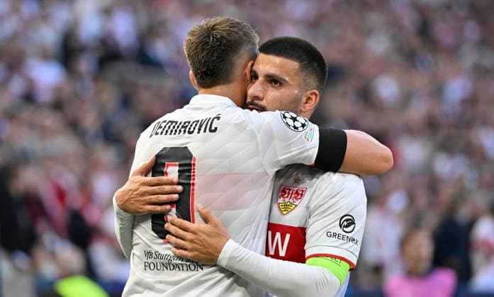 GOAL: 1–0 Ermedin Demirovic, VfB Stuttgart 09; Goal celebration by Deniz Undav, VfB Stuttgart 26; Champions League: VfB Stuttgart vs. Viking FK Stavanger, September 9, 2026; DFL regulations prohibit any use of photographs as IMAGE SEQUENCES AND OR QUASI-VIDEO. Champions League: VfB Stuttgart vs. Viking FK Stavanger