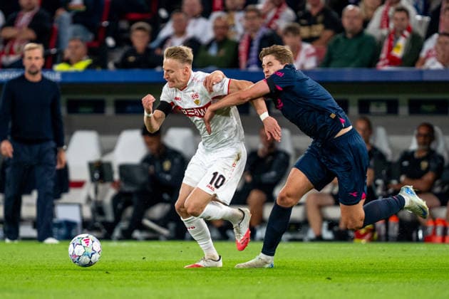 Chris Fuehrich, VfB Stuttgart, dribbling with the ball, VfB Stuttgart vs. Viking FK, soccer, Champions League, Matchday 1, September 9, 2026; DFB regulations prohibit any use of photographs as image sequences and or quasi-video. Stuttgart, Baden-Württemberg, Germany Copyright: xkolbert-press PhilipxZieglerx