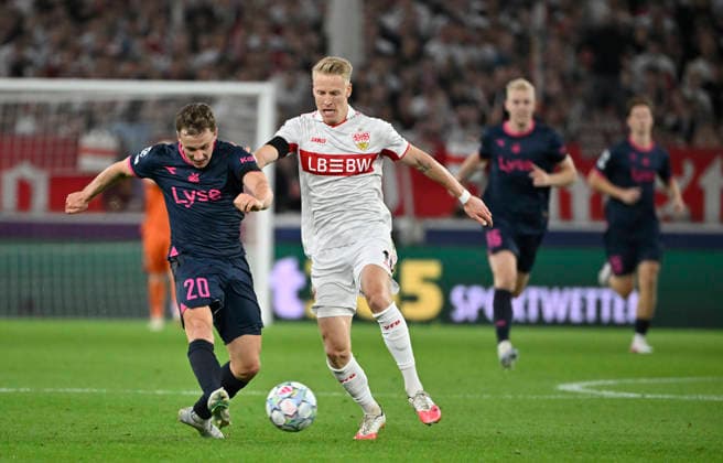Tackle, Action: Peter Christiansen (Viking FK Stavanger 20) vs. Chris Fuehrich (VfB Stuttgart 10) Champions League: VfB Stuttgart vs. Viking FK Stavanger, September 9, 2026. DFL regulations prohibit any use of photographs as image sequencesAND OR QUASI-VIDEO Champions League: VfB Stuttgart vs. Viking FK Stavanger