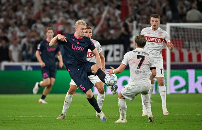 Tackle, Play: Henrik Bjordal (Viking FK Stavanger) 16, in possession against Maximilian Mittelstaedt (VfB Stuttgart) 07, Champions League: VfB Stuttgart vs. Viking FK Stavanger 09, September 9, 2026. DFL regulations prohibit any use of photographs as IMAGE SEQUENCES AND OR QUASI-VIDEO Champions League: VfB Stuttgart vs. Viking FK Stavanger