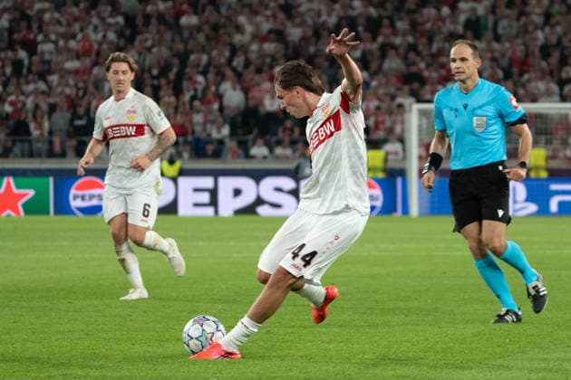 Leo Sauer of VfB Stuttgart takes a shot on goal, 44, GER, VfB Stuttgart vs. Viking FK Stavanger, Soccer, UEFA Champions League, Matchday 1, 2026–2027 season, September 9, 2026, GER, VfB Stuttgart vs. Viking FK Stavanger, Soccer, UEFA Champions League, Matchday 1, 2026–2027 season, September 9, 2026, Stuttgart Copyright: xEibner-Pressefoto EdwardxCheungx EP_ECG