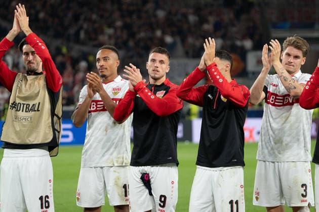 Atakan Karazor, VfB Stuttgart, 16, Jamie Leweling, VfB Stuttgart, 18, Ermedin Demirovic, VfB Stuttgart, 09, Bilal El Khannouss, VfB Stuttgart, 11, Ramon Hendriks, VfB Stuttgart, 03 in front of the stands, GER, VfB Stuttgart vs. Viking FK Stavanger, Soccer, UEFA Champions League, Matchday 1, 2026–2027 season, September 9, 2026, GER, VfB Stuttgart vs. Viking FK Stavanger, soccer, UEFA Champions League, Matchday 1, 2026–2027 season, September 9, 2026, Stuttgart Copyright: xEibner-Pressefoto EdwardxCheungx EP_ECG