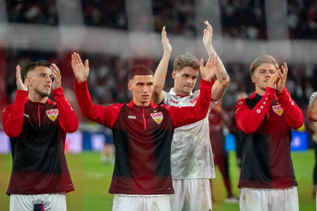 Ermedin Demirovic, VfB Stuttgart, 09; Bilal El Khannouss, VfB Stuttgart, 11; Ramon Hendriks, VfB Stuttgart, 03; and Finn Jeltsch, VfB Stuttgart, 29; VfB Stuttgart vs. Viking FK, Soccer, Champions League, Matchday 1, September 9, 2026, DFB regulations prohibit any use of photographs as image sequences and or quasi-video; Stuttgart, Baden-Württemberg, Germany Copyright: xkolbert-press PhilipxZieglerx