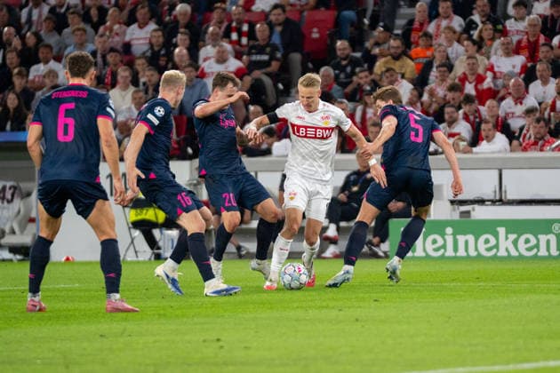 Chris Fuehrich (VfB Stuttgart), No. 10, dribbling past Gianni Stensness (Viking FK), No. 06, Henrik Bjoerdal (Viking FK), No. 16, Peter Christiansen (Viking FK), No. 20, and Henrik Heggheim (Viking FK), No. 05, VfB Stuttgart vs. Viking FK, soccer, Champions League, Matchday 1, September 9, 2026; DFB regulations prohibit any use of photographs as image sequences and or quasi-video. Stuttgart, Baden-Württemberg, Germany Copyright: xkolbert-press PhilipxZieglerx