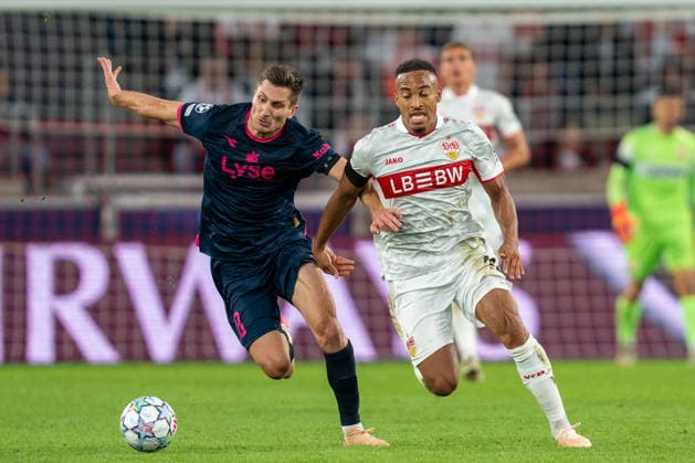 Tackle between Jamie Leweling (VfB Stuttgart, 18) and Kristoffer Haugen (Viking FK, 28), VfB Stuttgart vs. Viking FK, Soccer, Champions League, Matchday 1, September 9, 2026, DFB regulations prohibit any use of photographs as image sequences and or quasi-video. Stuttgart, Baden-Württemberg, Germany Copyright: xkolbert-press PhilipxZieglerx