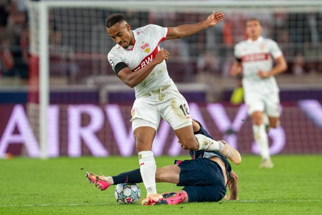 Tackle between Jamie Leweling (VfB Stuttgart, 18) and Kristoffer Haugen (Viking FK, 28), VfB Stuttgart vs. Viking FK, Soccer, Champions League, Matchday 1, September 9, 2026, DFB regulations prohibit any use of photographs as image sequences and or quasi-video. Stuttgart, Baden-Württemberg, Germany Copyright: xkolbert-press PhilipxZieglerx