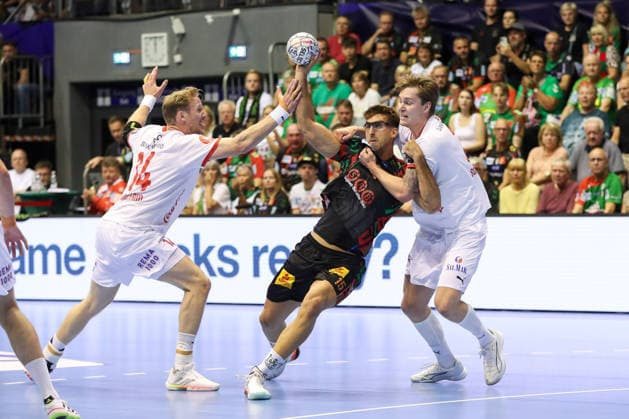September 9, 2026, xgox, Handball EHF Champions League SC Magdeburg vs. Kolstad Handbold, Magnus Gullerud (Kolstad), 14, Antonio Serradilla (Magdeburg), 15, Emre Christoffer Berge (Kolstad), 3, tackle, duel, battle, Magdeburg