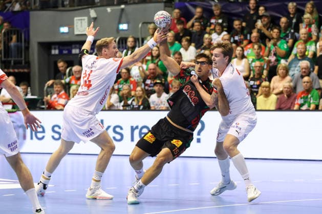 September 9, 2026, xgox, Handball EHF Champions League SC Magdeburg vs. Kolstad Handbold, Magnus Gullerud (Kolstad), 14, Antonio Serradilla (Magdeburg), 15, Emre Christoffer Berge (Kolstad), 3, tackle, duel, battle, Magdeburg