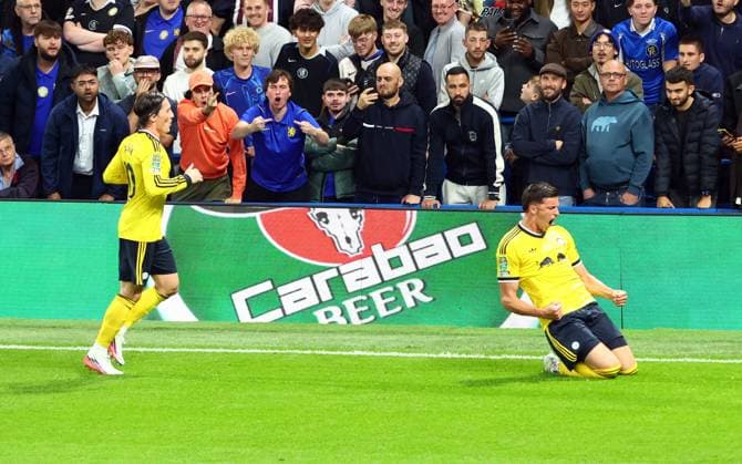 Tarik Muharemovic of Leeds United celebrates scoring a goal to make the score 0-1 Chelsea v Leeds United, EFL Carabao Cup, Third Round, Football, Stamford Bridge, London, UK - 09 Sep 2026London Stamford Bridge United Kingdom EDITORIAL USE ONLY No use with unauthorised audio, video, data, fixture lists, club league logos or live services. Online in-match use limited to 120 images, no video emulation. No use in betting, games or single club league player publications. Copyright: xKieranxMcManus Shutterstockx 17140215t