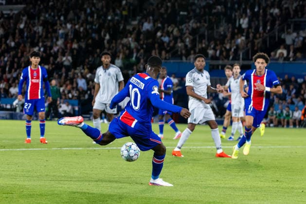 Ousmane Dembele of PSG during UEFA Champions league League phase game between teams PSG and SK Slovan Bratislava (Dominika Kortvelyesiova Ball Raw Images) Paris Parc des Princes France Copyright: xDominikaxKortvelyesiovax DKR_9091