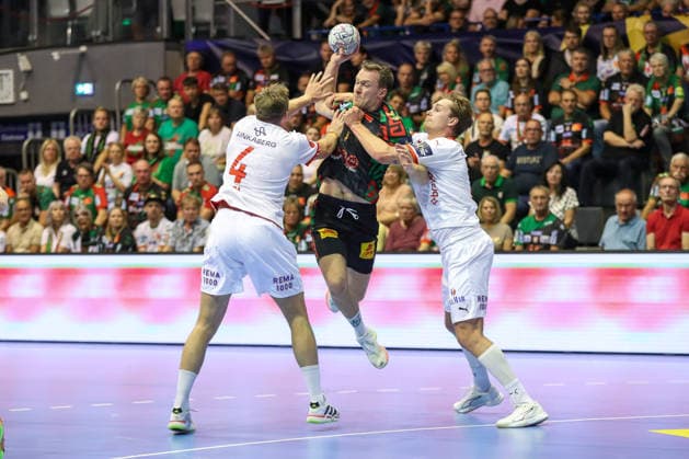 September 9, 2026, xgox, Handball EHF Champions League SC Magdeburg vs. Kolstad Handbold, Etle Eck Aga Kolstad, 4; Felix Claar Magdeburg, 7; Emre Christoffer Berge Kolstad, 3; Head-to-head, duel, battle, tackle Magdeburg