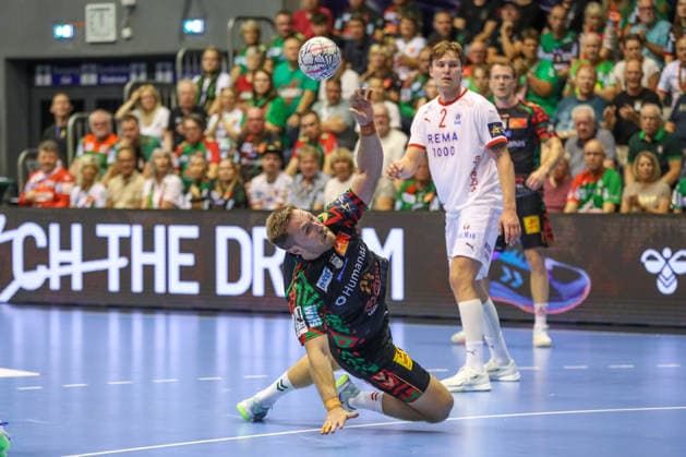 September 9, 2026, xgox, Handball EHF Champions League SC Magdeburg vs. Kolstad Handbold, Albin Lagergren (Magdeburg), 21 throws the ball, goal scorer, scores a goal, Magdeburg