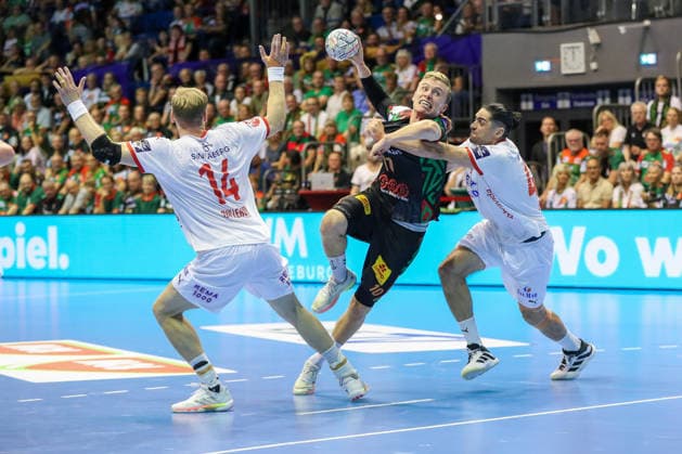 September 9, 2026, xgox, Handball EHF Champions League SC Magdeburg vs. Kolstad Handbold, Magnus Gullerud (Kolstad), 14, Gisli Thorgeir Kristjansson (Magdeburg), 10, Mishels Liaba (Kolstad), 44, tackle, duel, battle, Magdeburg