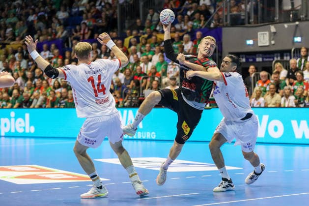September 9, 2026, xgox, Handball EHF Champions League SC Magdeburg vs. Kolstad Handbold, Magnus Gullerud (Kolstad), 14, Gisli Thorgeir Kristjansson (Magdeburg), 10, Mishels Liaba (Kolstad), 44, tackle, duel, battle, Magdeburg