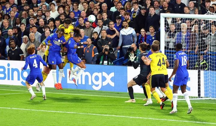 Tarik Muharemovic of Leeds United scores a goal to make the score 0-1 Chelsea v Leeds United, EFL Carabao Cup, Third Round, Football, Stamford Bridge, London, UK - 09 Sep 2026London Stamford Bridge United Kingdom EDITORIAL USE ONLY No use with unauthorised audio, video, data, fixture lists, club league logos or live services. Online in-match use limited to 120 images, no video emulation. No use in betting, games or single club league player publications. Copyright: xKieranxMcManus Shutterstockx 17140215w