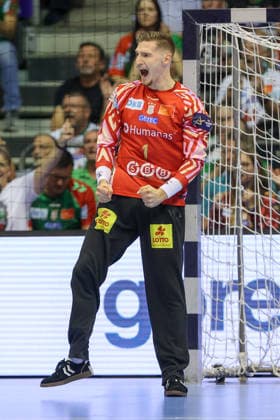 September 9, 2026, xtgx, Handball Champions League, SC Magdeburg vs. Kolstad Handbold Emspor, from left: Dominik Kuzmanovic (Magdeburg), celebrating a save; blocked, saved; Magdeburg goalkeeper