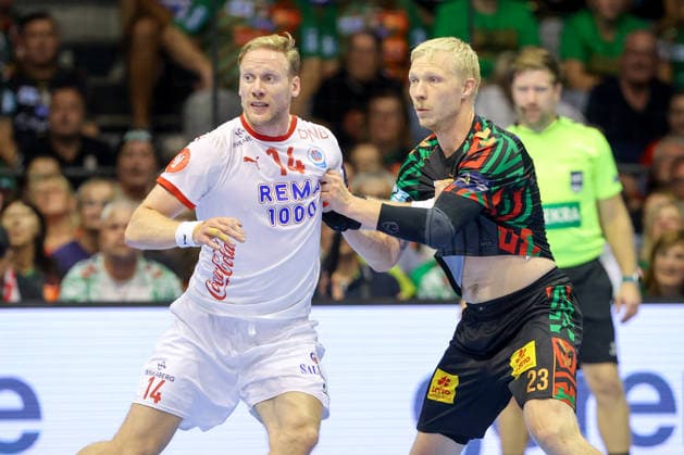September 9, 2026, xtgx, Handball Champions League, SC Magdeburg vs. Kolstad Handbold Emspor, from left: Magnus Gullerud (Kolstad), 14, Magnus Saugstrup (Magdeburg), 23; duel, battle, tackle, Magdeburg