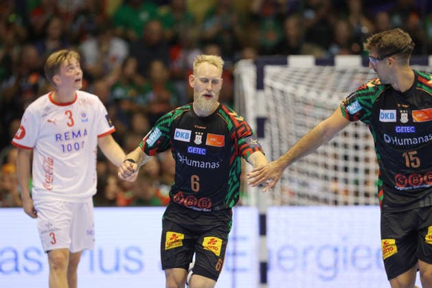 September 9, 2026, xtgx, Handball Champions League, SC Magdeburg vs. Kolstad Handbold Emspor, from left: Matthias Musche (Magdeburg), 6, Antonio Serradilla (Cuenca, Magdeburg), 15, cheering, goal celebration, celebrating the goal, Magdeburg
