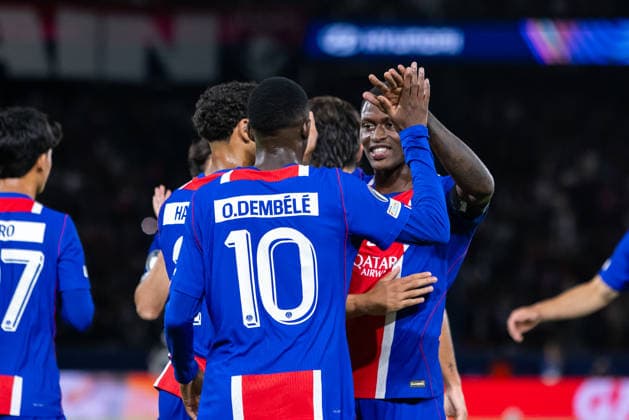 Ousmane Dembele of PSG with team PSG celebrating goal during UEFA Champions league League phase game between teams PSG and SK Slovan Bratislava (Dominika Kortvelyesiova Ball Raw Images) Paris Parc des Princes France Copyright: xDominikaxKortvelyesiovax DKR_9167