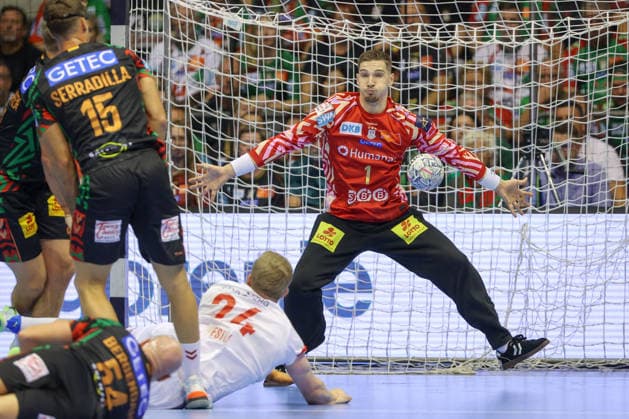 September 9, 2026, xtgx, Handball Champions League, SC Magdeburg vs. Kolstad Handbold Emspor, from left: Dominik Kuzmanovic (Magdeburg), 1 save, blocks the ball, catches the ball, saves the shot (Magdeburg)