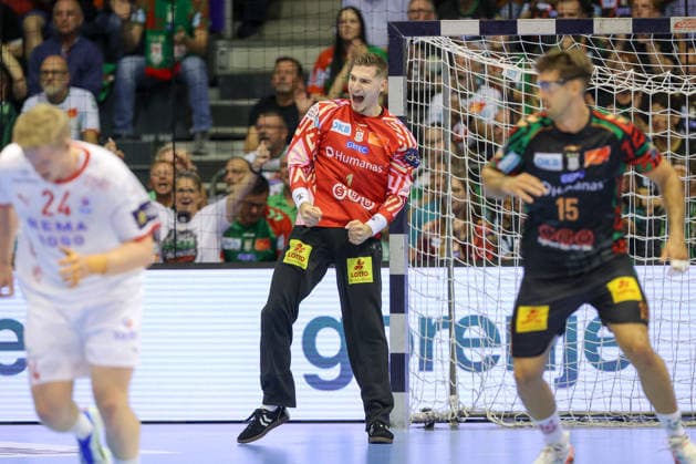 September 9, 2026, xtgx, Handball Champions League, SC Magdeburg vs. Kolstad Handbold Emspor, from left: Dominik Kuzmanovic (Magdeburg), celebrating a saved shot, blocked, saved, Magdeburg goalkeeper
