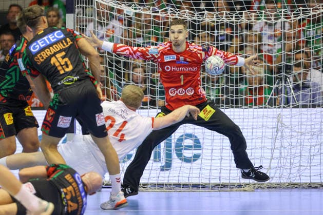 September 9, 2026, xtgx, Handball Champions League, SC Magdeburg vs. Kolstad Handbold Emspor, from left: Dominik Kuzmanovic (Magdeburg), 1 save, blocks the ball, catches the ball, saves the shot (Magdeburg)