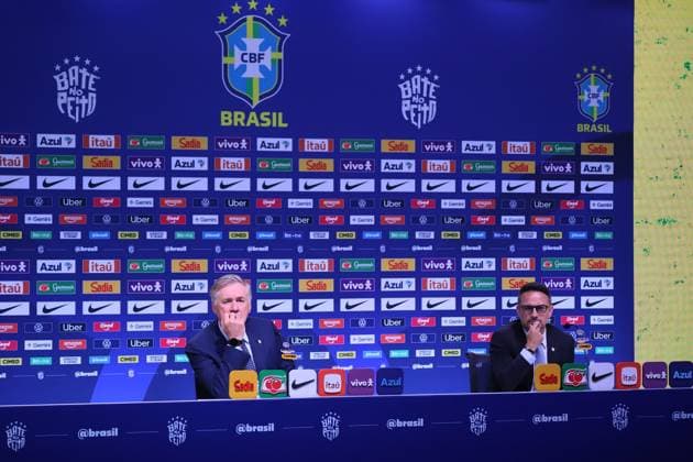 Brazilian national team, Nationalteam squad announcement for friendlies against Australia and India. Carlo Ancelotti, coach of the men s national football team, and Rodrigo Caetano, director of national teams at the Brazilian Football Confederation - CBF, during the announcement of the squad for the friendlies against Australia and India, at the headquarters of the Brazilian Football Confederation - CBF, in Barra da Tijuca, west side of the city, this Wednesday, the 9th Rio de Janeiro Tijuca Bar Rio de Janeiro Brasil Copyright: xCharlesxShollx