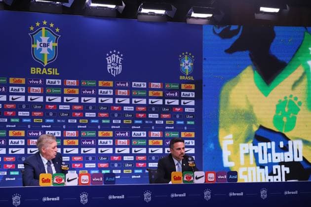 Brazilian national team, Nationalteam squad announcement for friendlies against Australia and India. Carlo Ancelotti, coach of the men s national football team, and Rodrigo Caetano, director of national teams at the Brazilian Football Confederation - CBF, during the announcement of the squad for the friendlies against Australia and India, at the headquarters of the Brazilian Football Confederation - CBF, in Barra da Tijuca, west side of the city, this Wednesday, the 9th Rio de Janeiro Tijuca Bar Rio de Janeiro Brasil Copyright: xCharlesxShollx