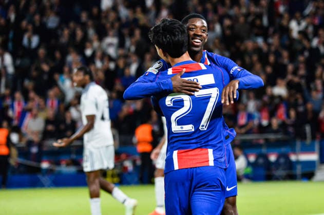 FOOTBALL : Paris Saint Germain vs Slovan Bratislava - Ligue des Champions - Phase de Ligue - JournÃ e 1 - 09 09 2026 Joie des joueurs du Paris SG aprÃ s le 2e but de Ousmane Dembele (Paris SG) ParisFrance  Copyright: xBaptistexAutissierx
