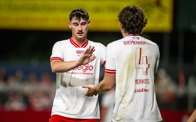 Soccer, 2026–2027 Season, Lower Rhine Cup, September 9, 2026, First Round, Men’s, SV Biemenhorst White vs. Fortuna Düsseldorf Black; from left: Justin Heckers (SV Biemenhorst), Erik Monkos (SV Biemenhorst), Bocholt, Stadion am Huenting, Germany 260909_fb_sv-biemenhorst_fortuna-duesseldorf_58717