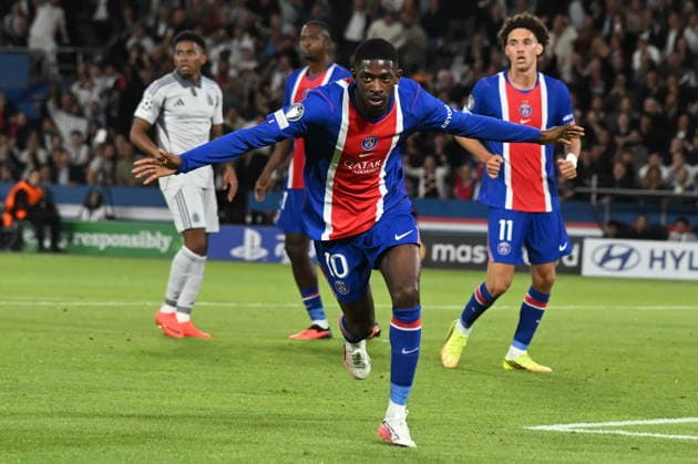 RECORD DATE NOT STATED Ousmane DembÃ lÃ celebrates his brace in the Champions League match between PSG and SK Slovan Bratislava at the Parc des Princes on 8 April 2026 - 09 09 2026 - France Ile-de-France (region) Paris -  JulienxMattiax xLexPictorium LePictorium_0340453