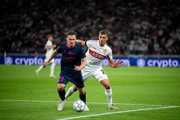 September 9, 2026, GER, Soccer, Men s, UEFA Champions League, Group Stage, Matchday 1, 2026–2027 Season, VfB Stuttgart vs. Viking Stavanger; Grischa Prömel (VfB Stuttgart), 21, in a tackle with Peter Christiansen (Viking FK), 20; Stuttgart MHP Arena, Baden-Württemberg, Germany Copyright: xNordphoto Memmlerx