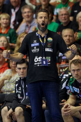 September 9, 2026, xtgx, Handball Champions League, SC Magdeburg vs. Kolstad Handbold Emspor, from left: Bennet Wiegert (Magdeburg), coach celebrating, goal celebration, celebrating the goal, Magdeburg celebration