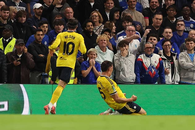 9th September 2026; Stamford Bridge, Chelsea, London, England: Carabao Cup Football, Chelsea versus Leeds United; Tarik Muharemovic of Leeds United celebrates his goal in the 24th minute for 0-1 KatiexChan