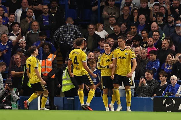 9th September 2026; Stamford Bridge, Chelsea, London, England: Carabao Cup Football, Chelsea versus Leeds United; Tarik Muharemovic of Leeds United celebrates his goal in the 24th minute for 0-1 KatiexChan