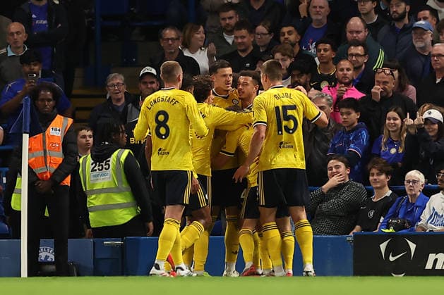 9th September 2026; Stamford Bridge, Chelsea, London, England: Carabao Cup Football, Chelsea versus Leeds United; Tarik Muharemovic of Leeds United celebrates his goal in the 24th minute for 0-1 KatiexChan