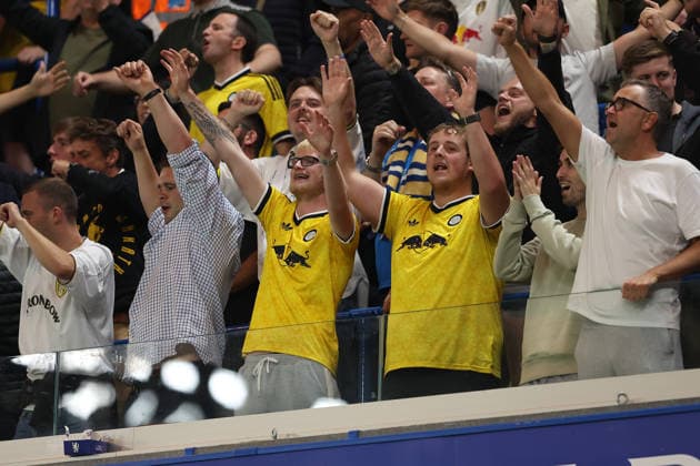 9th September 2026; Stamford Bridge, Chelsea, London, England: Carabao Cup Football, Chelsea versus Leeds United; Leeds United fans celebrate their team goal in the 24th minute for 0-1 KatiexChan